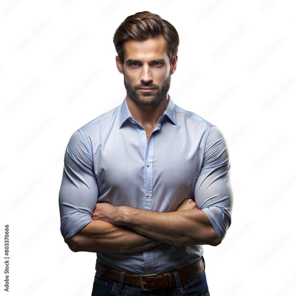 Confident Young Man With Arms Crossed Wearing a Blue Shirt on a Transparent Background Confident Young Man With Arms Crossed Wearing a Blue Shirt on a Transparent Background