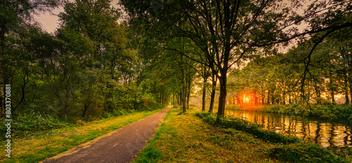 Sunset light coming through the trees in rural Noord-Brabant, The Netherlands. Featuring a typical Dutch bicycle path. photo