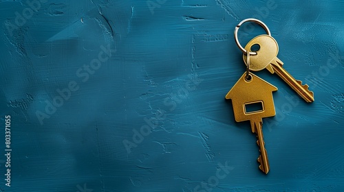 Golden house shaped keychain with keys on blue background, real estate concept, top view. Copy space banner mockup stock photo with copy space for text. photo