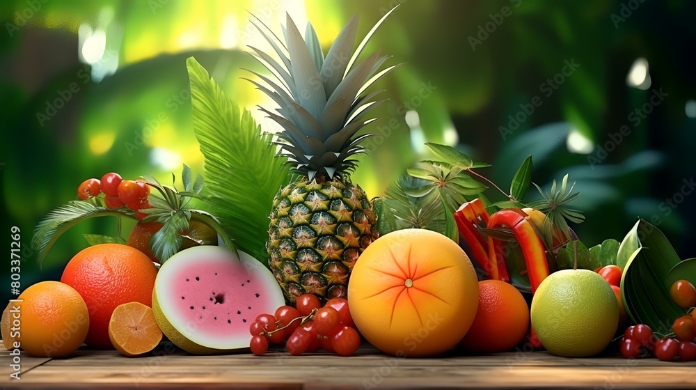 Fruits were placed on the table in the kitchen.3d rendering