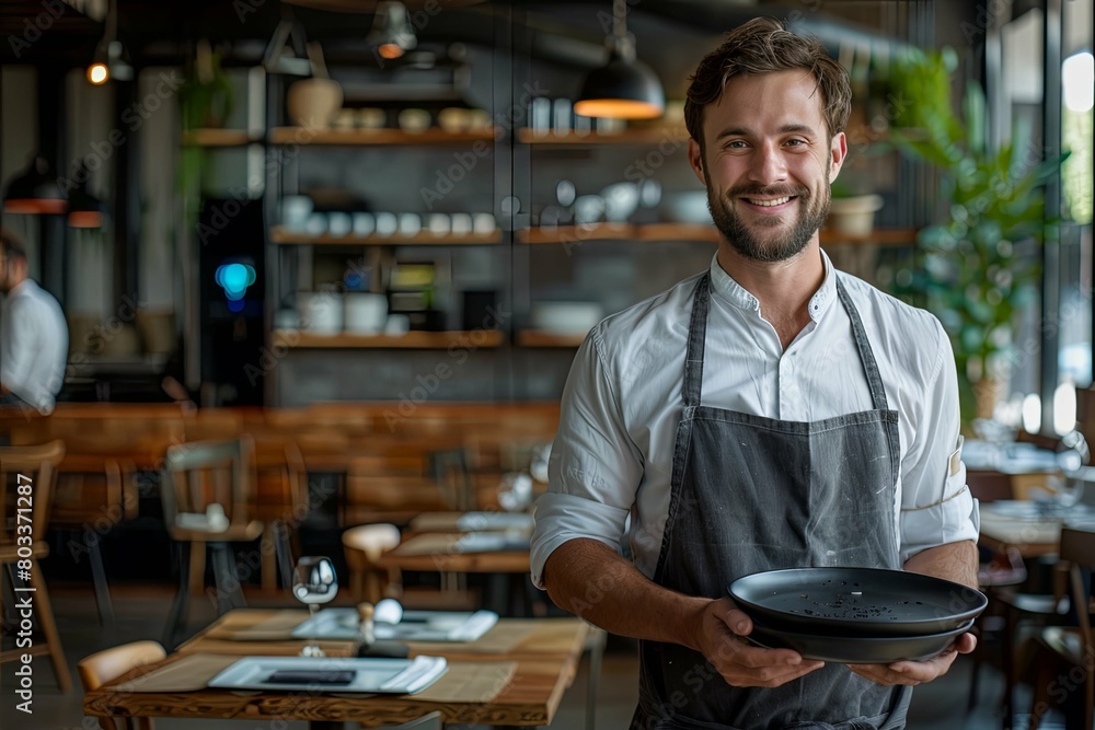 Smiling male restaurant owner or bartender stands in the dining room of his cozy cafe Smiling male restaurant owner or bartender stands in the dining room of his cozy cafe