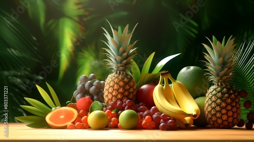 Fruits were placed on the table in the kitchen.3d rendering