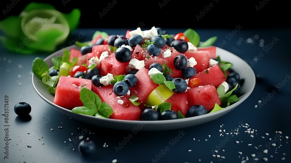 Watermelon salad with blueberries and feta cheese on a dark background