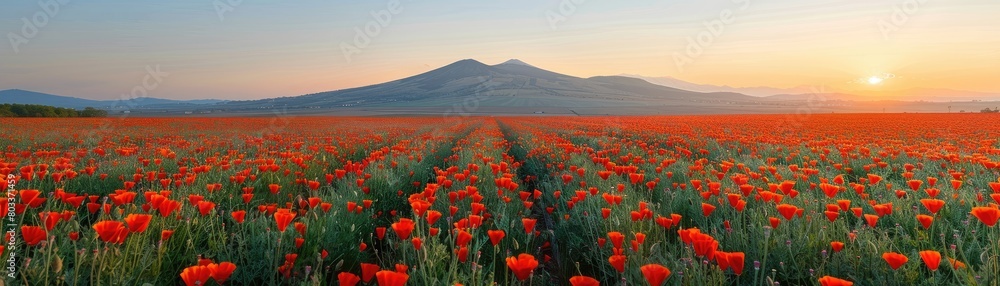 Bright poppy field with a majestic flat-topped mountain in the distance