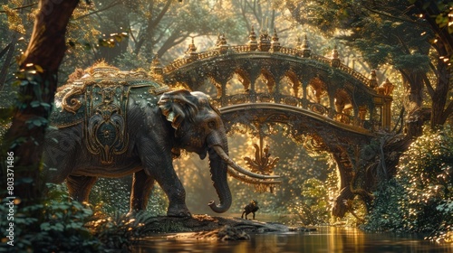 Majestic Elephant Supports Ornate Bridge in Vibrant Forest Evoking Magical Surrealism © Sittichok