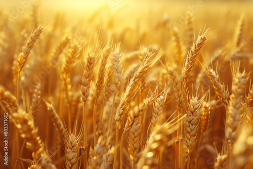 Sunset wheat golden field in the evening. Growth nature harvest. Wheat ears as symbol of Jewish holiday Shavuot.