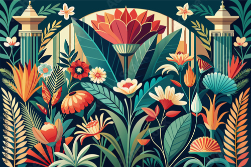 An elegant art deco botanical illustration showcasing vibrant flowers and plants