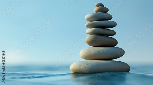 A perfectly balanced stack of smooth  river stones  each with a unique shape  set against a serene  powder blue presentation background.