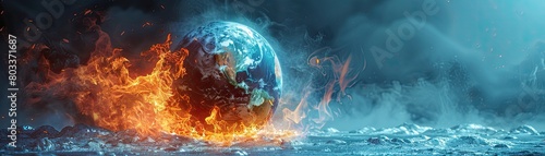 Conceptual art of a burning and freezing globe symbolizing climate change effects