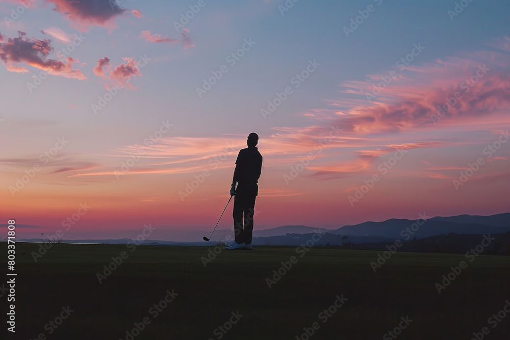 Man playing golf standing on grass facing sky at dusk