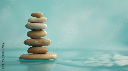 A perfectly balanced stack of smooth  river stones  each with a unique shape  set against a serene  powder blue presentation background.
