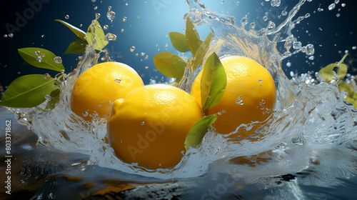 Fresh lemons with water splash on dark blue background  close-up