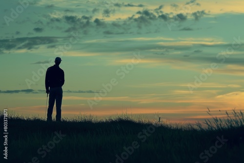 Man with golf club standing on grass at dusk © Aliaksandr Siamko