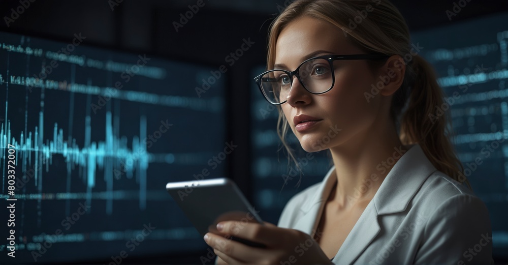 IT expert with glasses on 3D screen analyzes data analytics, cyber-security. Woman on tablet also reflects on data analytics, digital IT expert with glasses on 3D screen analyzes data analytics, cyber-security. Woman on tablet also reflects on data analytics, digital