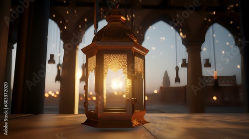 Lantern in the dark. Ramadan Kareem background. 3d rendering