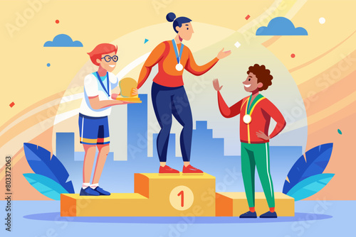 An athlete receiving a medal on the podium