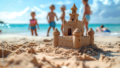Close-up focus on a sand castle on a beach with kids and families playing in the background
