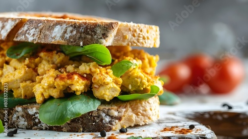 Fresh tofu scramble sandwich for a blissful breakfast start to your day. Concept Tofu Scramble, Breakfast Sandwich, Vegan Meal, Healthy Start