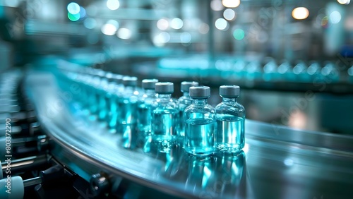 Pharmaceutical vials filled precisely on sterile conveyor with stringent safety measures. Concept Pharmaceutical Manufacturing, Sterile Filling Process, Conveyor Systems, Safety Protocols