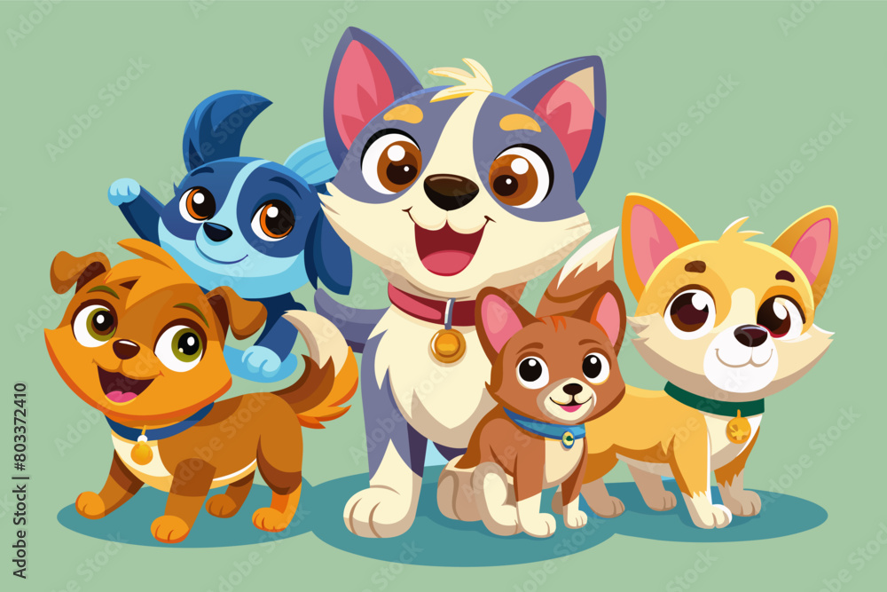 An adorable 3D cartoon featuring a group of playful puppies An adorable 3D cartoon featuring a group of playful puppies