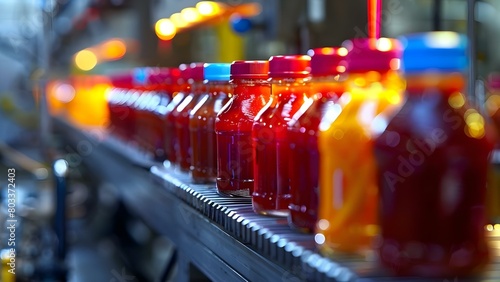 Ketchup bottling line in a typical factory setting. Concept Ketchup Production, Factory Machinery, Food Processing, Quality Control, Industrial Setting photo
