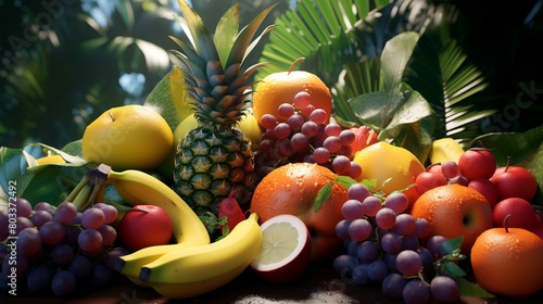 Fruits were placed on a wooden table in a tropical garden. © shameem
