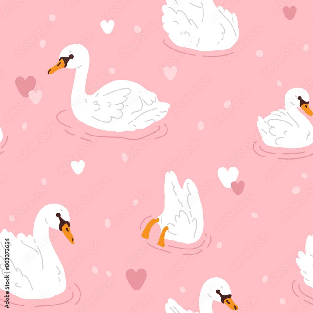 Vector seamless background pattern with white swans and hearts for surface pattern design 