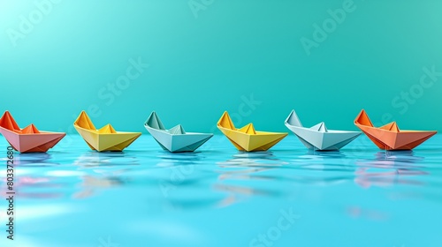A series of small, colorful paper boats arranged in a line, sailing across a glossy, cerulean blue presentation background.