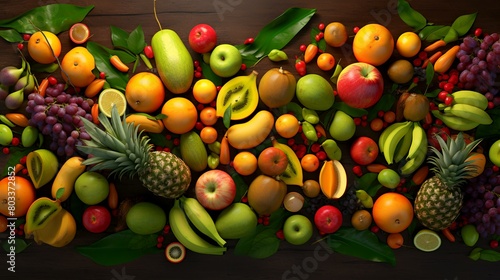 Fruits on the wooden background. Healthy eating concept. Top view. © shameem