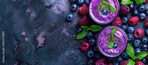 Blueberry smoothie with chia seeds and fresh berries, seen from above, with blank space for text.