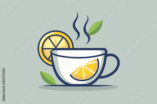 a cup of tea with a lemon slice minimalist line art illustration