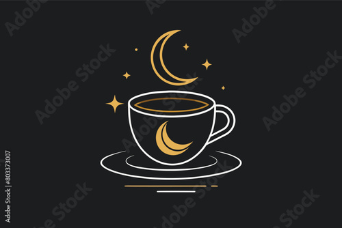 minimalist line art illustration of coffee cup in dark background