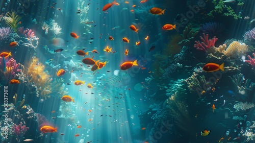 Underwater scene with various species of fish swimming around in a colorful coral reef. © MAY