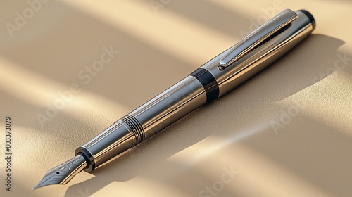 A sleek, metallic fountain pen, its shadow elongated on a smooth, sandstone beige presentation background.