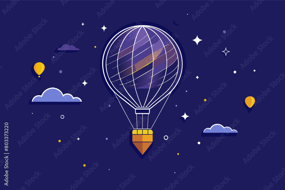 Minimalist line art illustration of a hot air balloon in sky at night with clouds Minimalist line art illustration of a hot air balloon in sky at night with clouds