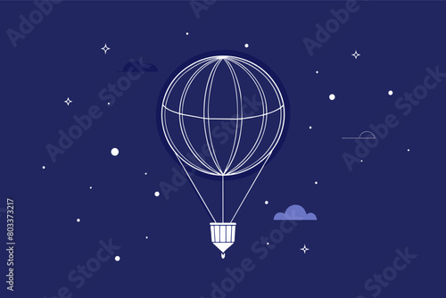 Minimalist line art illustration of a hot air balloon in sky at night with clouds
