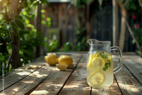 Jug of fresh lemonade on wooden table in sunny garden