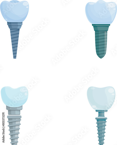 Tooth implant icons set cartoon vector. Various type of dental implant. Teeth prosthetics