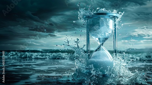 An hourglass with one half filled with ice melting into water, representing the dwindling time to reverse the effects of global warming. photo