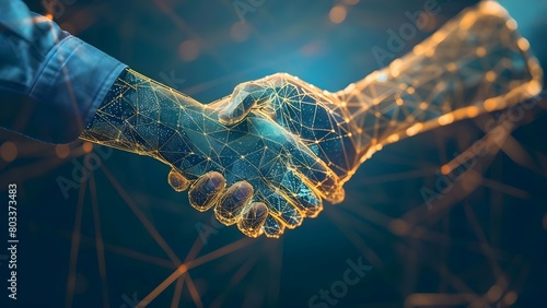 Symbolic Trust: The Virtual Handshake Hologram in Blockchain Transactions. Concept Blockchain Technology, Virtual Handshake, Trust Symbolism, Hologram Transactions, Cryptocurrency Security photo