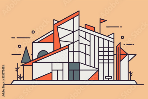 minimalist line art drawing of a deconstructivist building with an unconventional form.