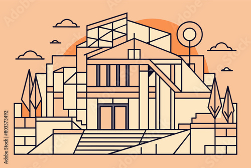 minimalist line art drawing of a deconstructivist building with an unconventional form.