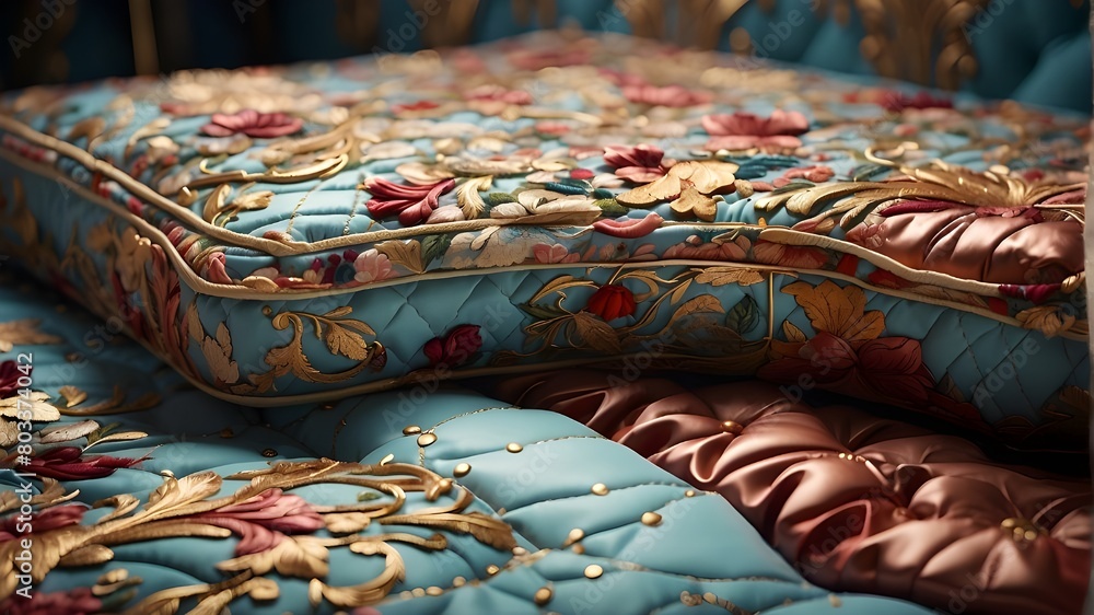 An artistic interpretation of opulent comfort through a close-up illustration of a multi-layer quilted mattress. The artwork should emphasize the richness of materials and the intricate stitching, ble