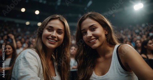 Two young women taking a selfie at a concert in a massive indoor arena.