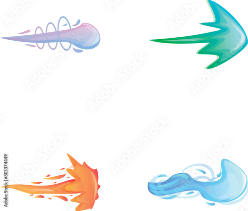 Shot energy icons set cartoon vector. Gun flashes or gunshot animation. Cartoon flash effect