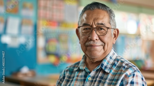 The close up picture of the hispanic teacher, educator or instructor sitting in classroom of school, the educator require skills like classroom management, lesson planning and teaching skill. AIG43. photo