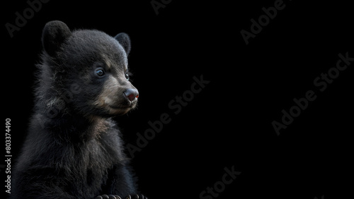  cute baby bear cub portrait isolated on a black background  with detailed photo and high resolution photography