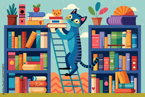 curious cat climbing a tall bookshelf filled with colorful stories