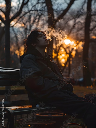 Melancholic Contemplation Individual Idly Smoking on Urban Park Bench © tantawat