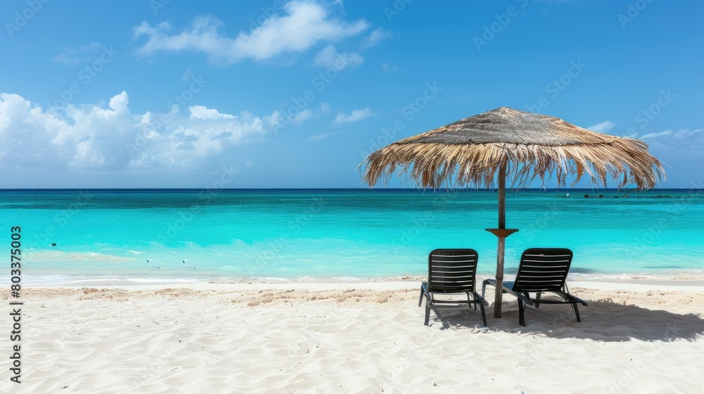 Chair and Umbrella on Beach by Ocean